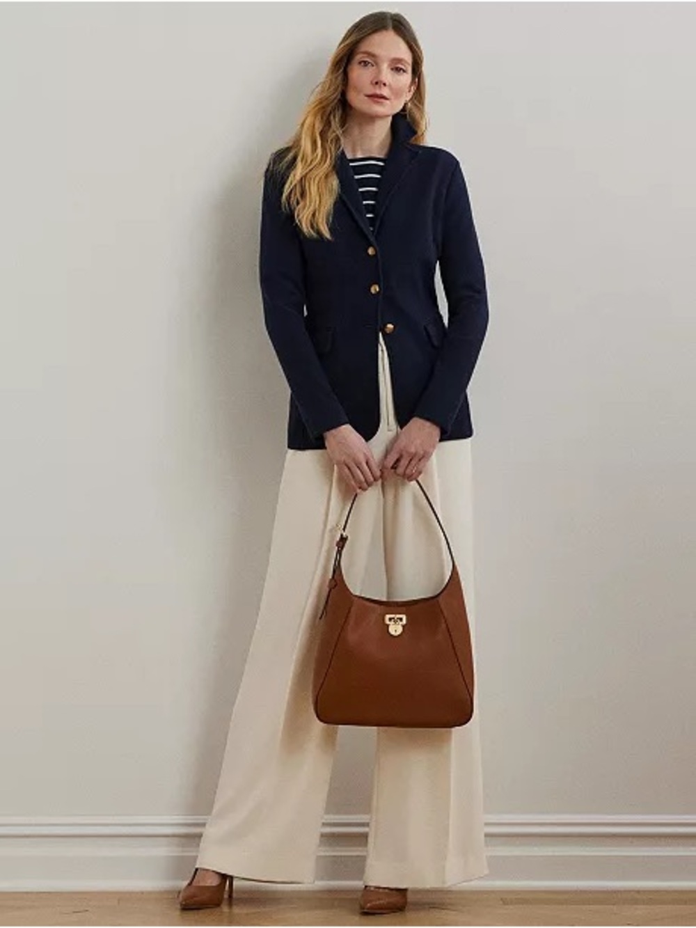 LAUREN RALPH LAUREN women’s navy blue cotton blend 3 button blazer size large - Picture 2 of 12